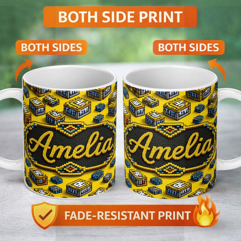 Personalized Custom Name Yellow Gaming Pixel TNT Block Cube Seamless Pattern Cute Unique Gift 11oz Ceramic Coffee Tea Mug White Large Handle