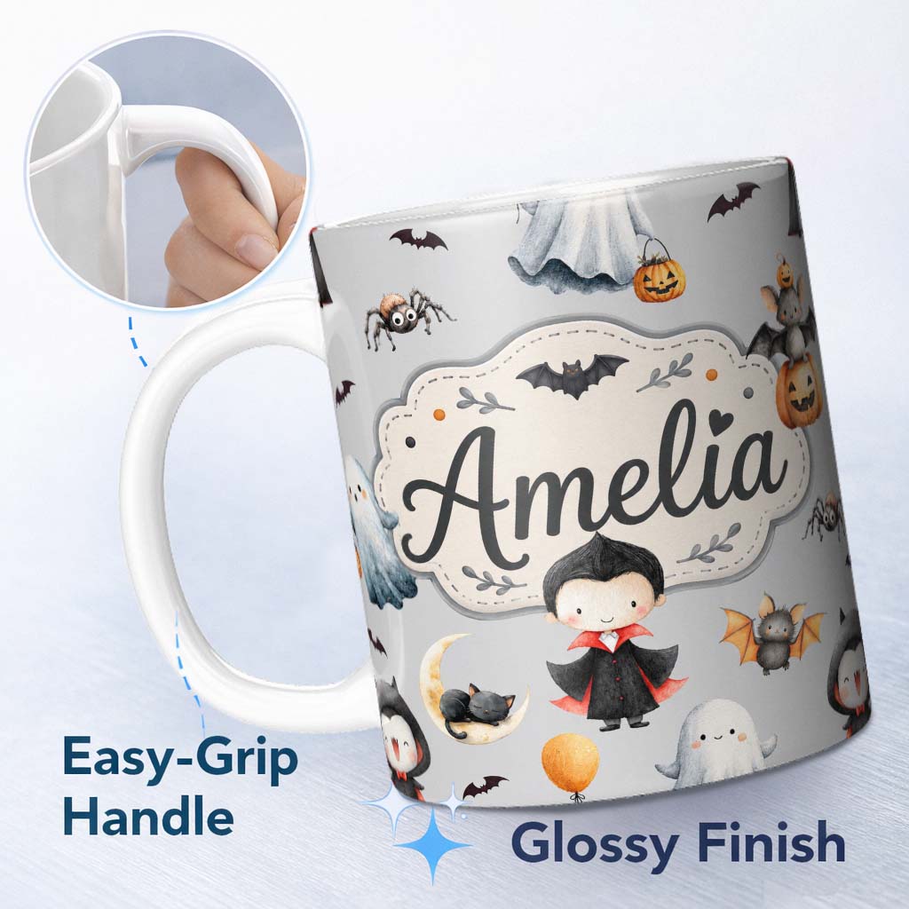 Personalized Custom Name Cute Halloween Vampire Ghost Bats Spooky Grey Background Seamless 11oz Ceramic Coffee Tea Mug White Large Handle