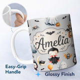 Personalized Custom Name Cute Halloween Vampire Ghost Bats Spooky Grey Background Seamless 11oz Ceramic Coffee Tea Mug White Large Handle