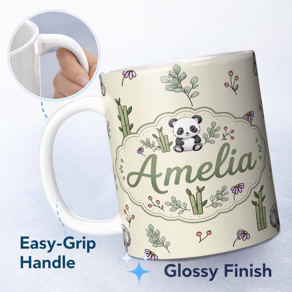 Personalized Custom Name Panda Bamboo and Floral Minimal on Neutral Beige Background Lovely 11oz Ceramic Coffee Tea Mug White Large Handle