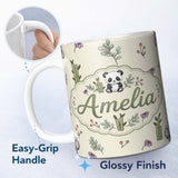 Personalized Custom Name Panda Bamboo and Floral Minimal on Neutral Beige Background Lovely 11oz Ceramic Coffee Tea Mug White Large Handle