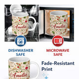 Personalized Custom Name Cute Mouse Gifts Berries Snowflakes Seamless Pattern Festive Holiday 11oz Ceramic Coffee Tea Mug White Large Handle