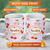 Personalized Custom Name Cute Cherry Fruit with Bow and Sprinkles Seamless Pattern Soft Lilac 11oz Ceramic Coffee Tea Mug White Large Handle