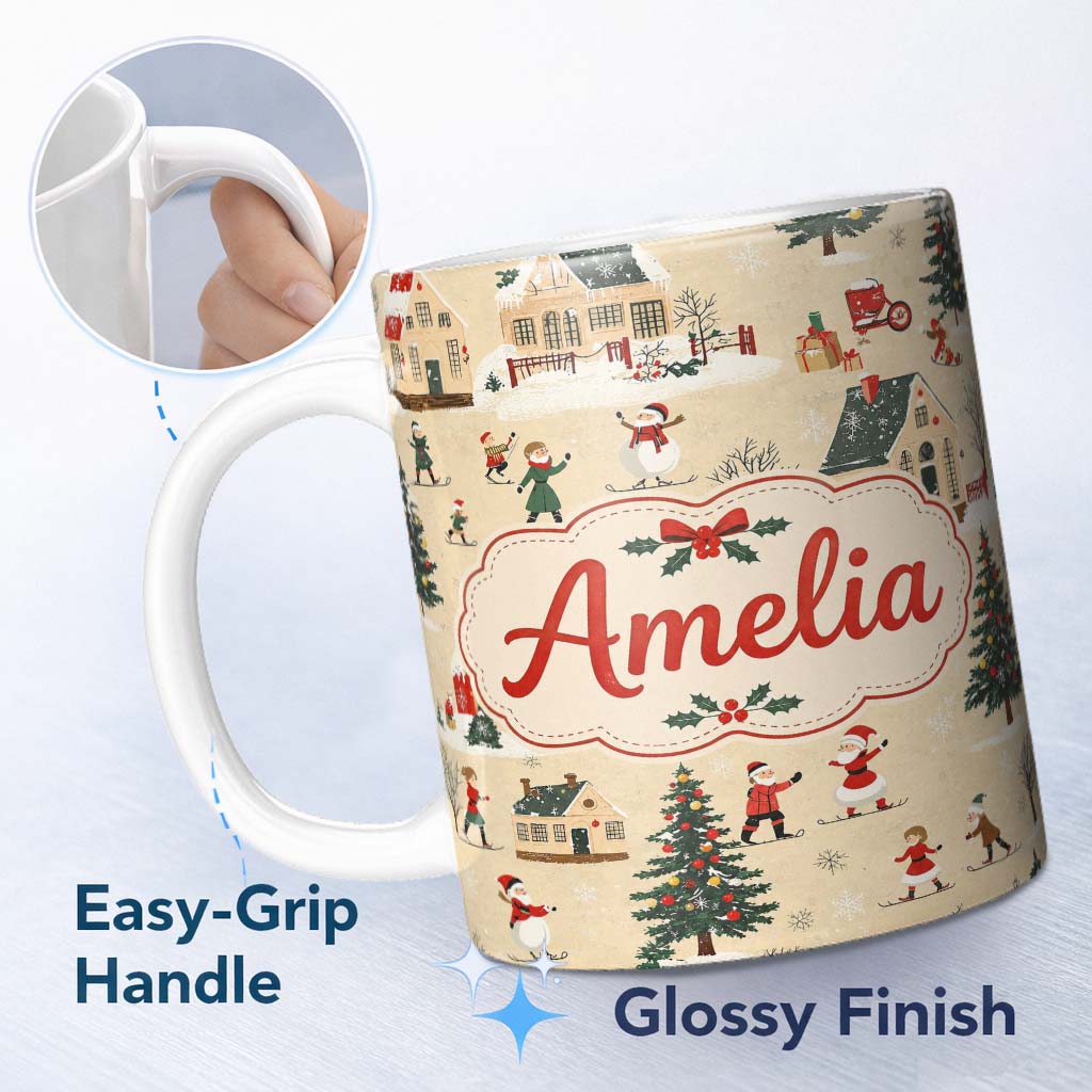 Personalized Custom Name Classic Winter Village Ice Skating Christmas Scene Seamless Pattern 11oz Ceramic Coffee Tea Mug White Large Handle