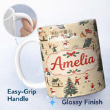 Personalized Custom Name Classic Winter Village Ice Skating Christmas Scene Seamless Pattern 11oz Ceramic Coffee Tea Mug White Large Handle