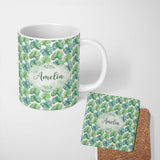 Personalized Custom Name Fresh Watercolor Monstera Leaves in Soft Green Shades Seamless 11oz Ceramic Coffee Tea Mug White Large Handle