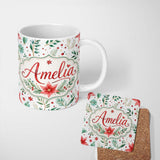 Personalized Custom Name Elegant Poinsettia Floral Holiday Botanical Seamless Pattern Lovely 11oz Ceramic Coffee Tea Mug White Large Handle