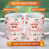 Personalized Custom Name Cute Cherry Fruit with Bow and Sprinkles Seamless Pattern Soft Beige 11oz Ceramic Coffee Tea Mug White Large Handle