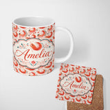 Personalized Custom Name Stylised Coral Shrimp with Floral Elements Seamless Pattern Lovely 11oz Ceramic Coffee Tea Mug White Large Handle