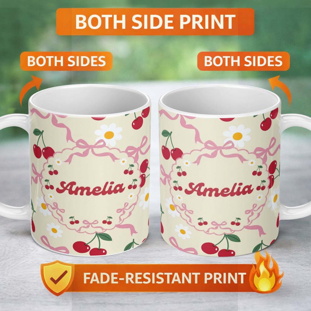 Personalized Custom Name Cute Cherry and Daisy Flowers with Pink Ribbon Bows Pattern Cream 11oz Ceramic Coffee Tea Mug White Large Handle
