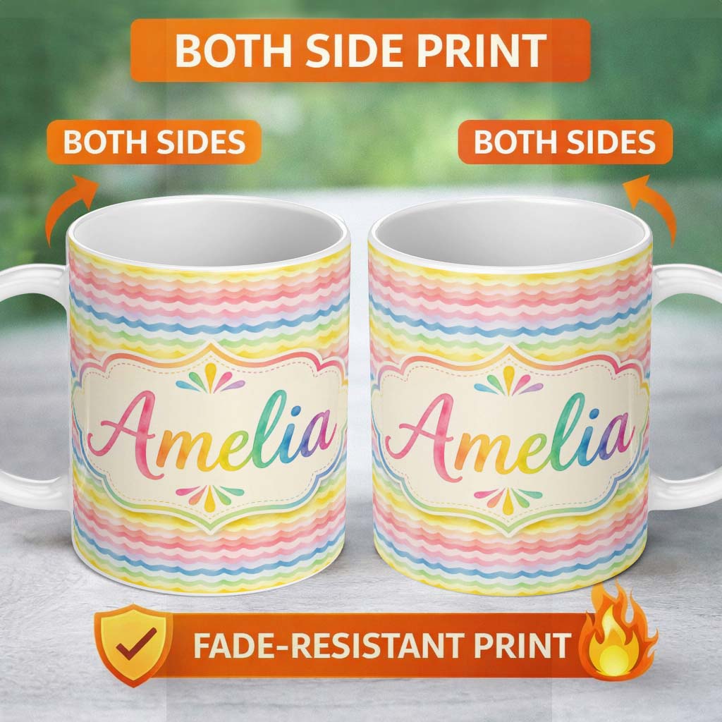 Personalized Custom Name Pastel Rainbow Soft Wave Stripes Seamless Pattern Cute Unique Gift 11oz Ceramic Coffee Tea Mug White Large Handle