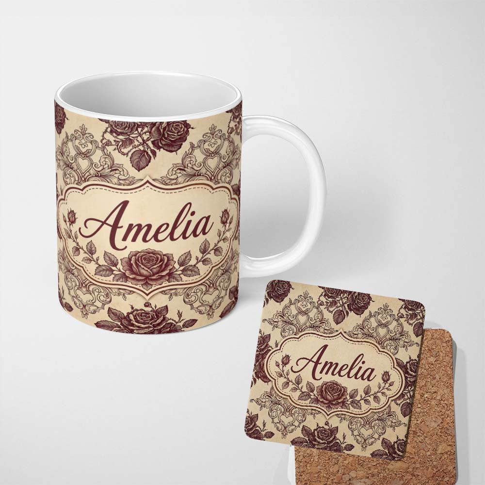 Personalized Custom Name Classic Baroque Rose Damask Ornate Seamless Pattern Design Lovely 11oz Ceramic Coffee Tea Mug White Large Handle