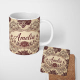 Personalized Custom Name Classic Baroque Rose Damask Ornate Seamless Pattern Design Lovely 11oz Ceramic Coffee Tea Mug White Large Handle