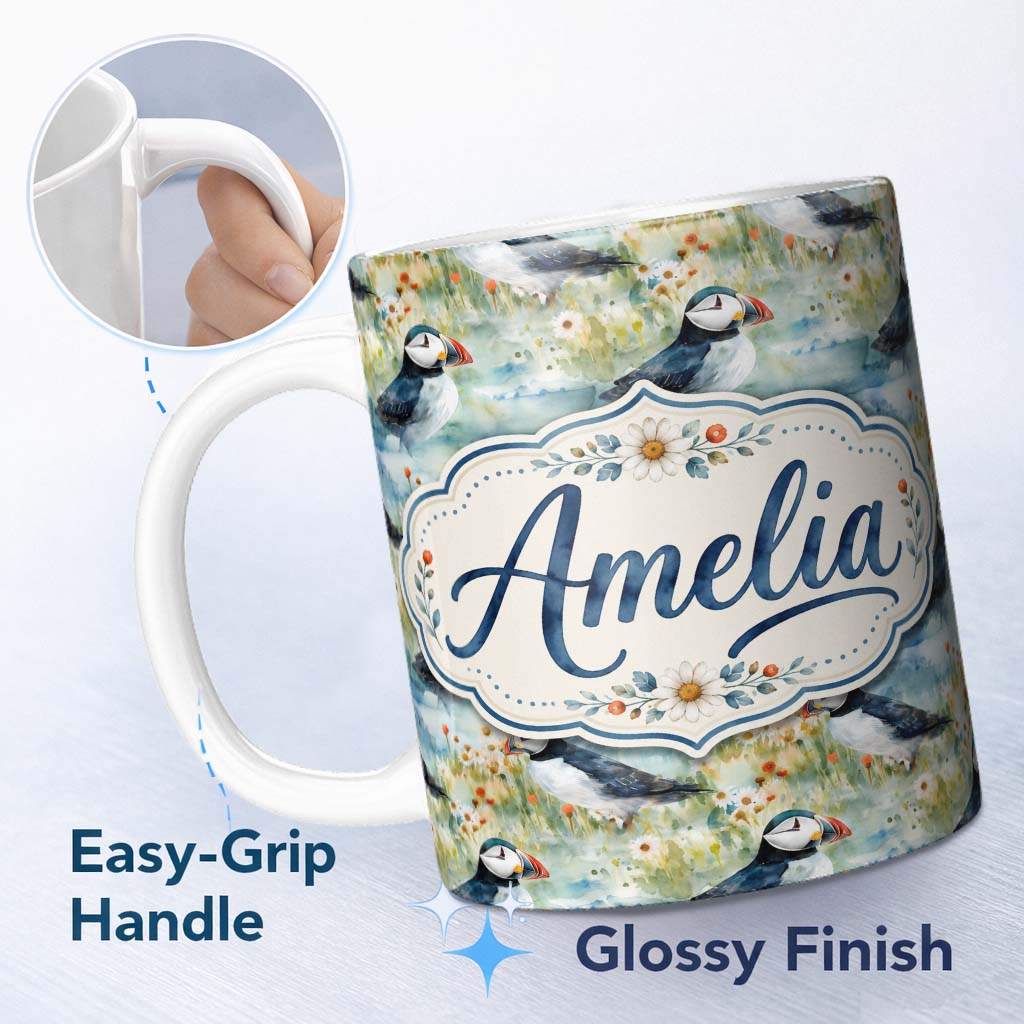 Personalized Custom Name Vintage Puffin Bird and Floral Pattern Botanical Coastal Seamless 11oz Ceramic Coffee Tea Mug White Large Handle