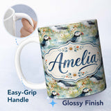 Personalized Custom Name Vintage Puffin Bird and Floral Pattern Botanical Coastal Seamless 11oz Ceramic Coffee Tea Mug White Large Handle