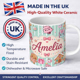 Personalized Custom Name Cute Christmas Gingerbread Candy House Gifts Pattern Teal Stripe 11oz Ceramic Coffee Tea Mug White Large Handle