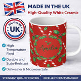 Personalized Custom Name Festive Candy Cane Holly Berry Red Background Seamless Pattern 11oz Ceramic Coffee Tea Mug White Large Handle