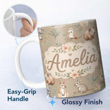 Personalized Custom Name Cute Woodland Animals Koala Kangaroo Bear Floral Pattern Taupe 11oz Ceramic Coffee Tea Mug White Large Handle