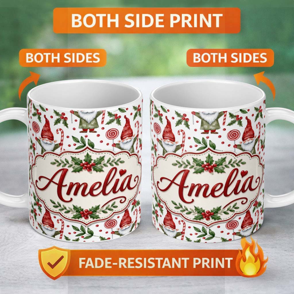 Personalized Custom Name Watercolor Christmas Gnome Candy Cane Lollipop Seamless Pattern 11oz Ceramic Coffee Tea Mug White Large Handle