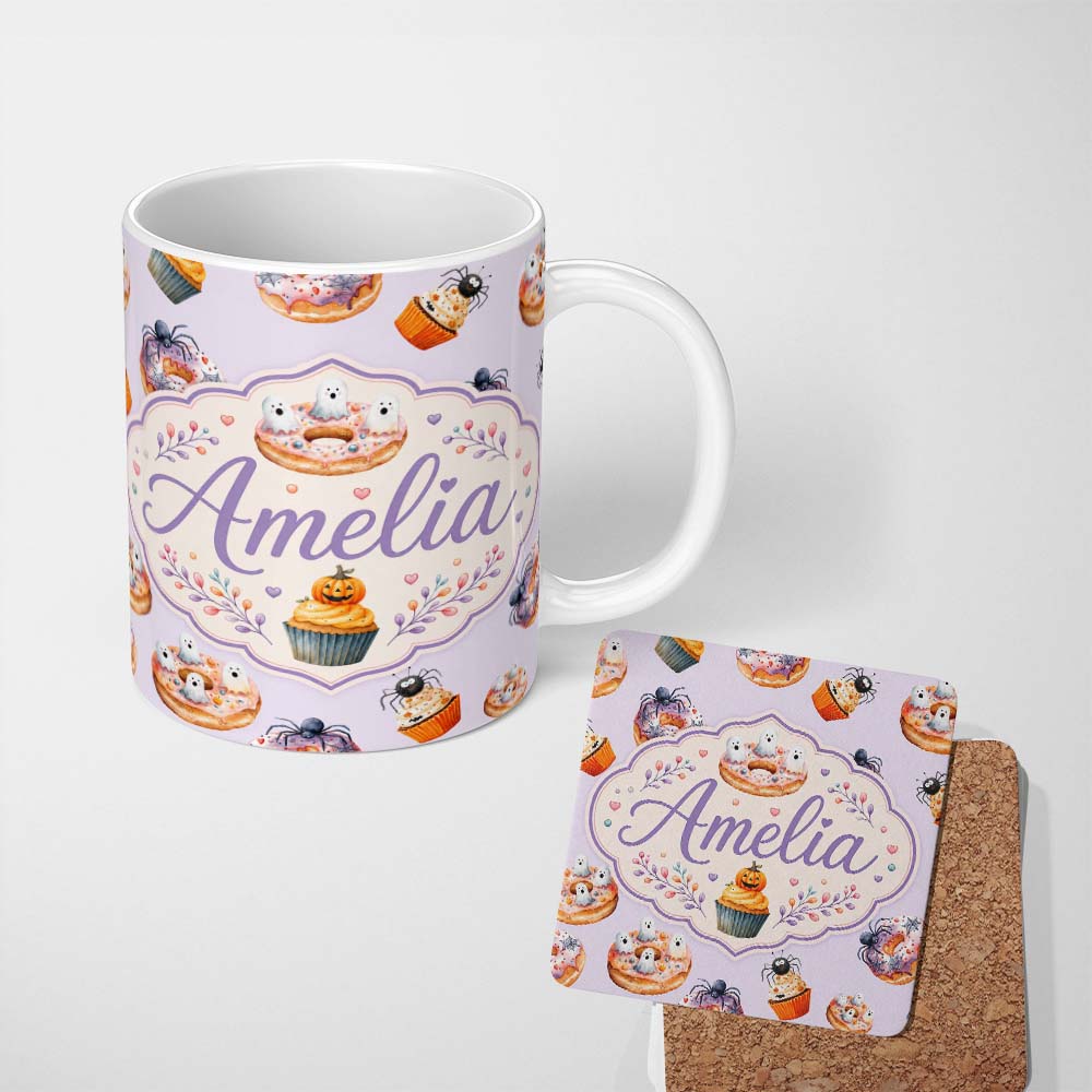 Personalized Custom Name Halloween Donuts Cupcakes Spiders and Ghosts Cute Soft Lilac Lovely 11oz Ceramic Coffee Tea Mug White Large Handle