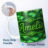 Personalized Custom Name Green 3D Cube Block Abstract Seamless Pattern Beautiful Coffee Cup 11oz Ceramic Coffee Tea Mug White Large Handle
