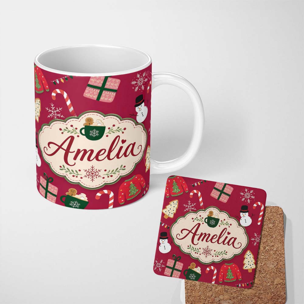 Personalized Custom Name Cute Christmas Sweater Snowman Candy Cane Gifts Seamless Pattern 11oz Ceramic Coffee Tea Mug White Large Handle