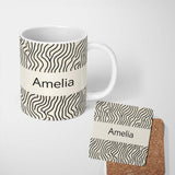 Personalized Custom Name Flowing Wavy Lines Black Cream Organic Stripe Pattern Lovely 11oz Ceramic Coffee Tea Mug White Large Handle