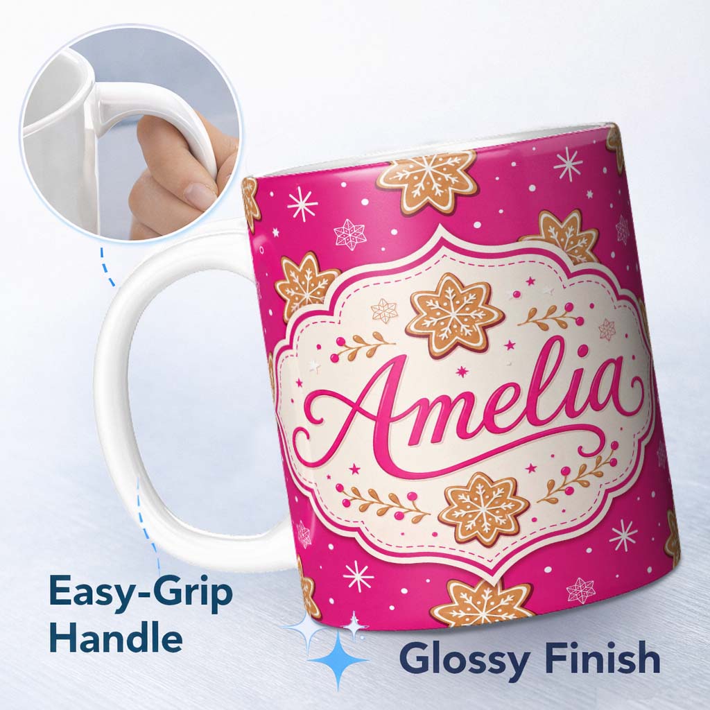 Personalized Custom Name Festive Gingerbread Snowflake Cookie Pink Seamless Pattern Lovely 11oz Ceramic Coffee Tea Mug White Large Handle