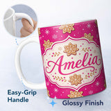 Personalized Custom Name Festive Gingerbread Snowflake Cookie Pink Seamless Pattern Lovely 11oz Ceramic Coffee Tea Mug White Large Handle