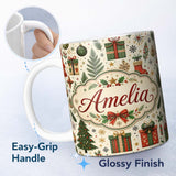 Personalized Custom Name Festive Christmas Trees Baubles Gifts Seamless Pattern Holiday 11oz Ceramic Coffee Tea Mug White Large Handle