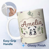 Personalized Custom Name Cute Panda Bear with Bamboo Leaves Floral Seamless Pattern Cream 11oz Ceramic Coffee Tea Mug White Large Handle