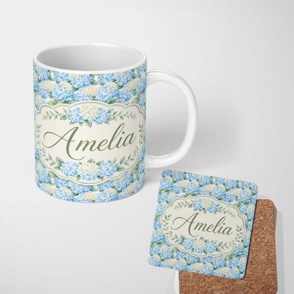 Personalized Custom Name Soft Blue Hydrangea Floral Seamless Pattern Thoughtful Gift Idea 11oz Ceramic Coffee Tea Mug White Large Handle