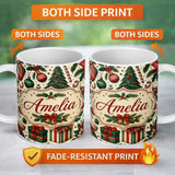Personalized Custom Name Festive Christmas Tree Holly Berries Stockings Candy Cane Seamless 11oz Ceramic Coffee Tea Mug White Large Handle
