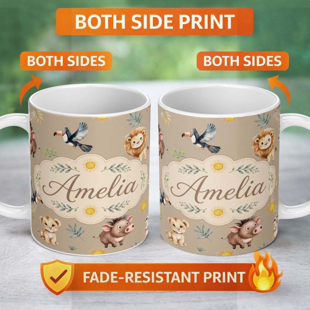 Personalized Custom Name Cute Safari Animals Lion and Warthog with Sun and Leaves on Tan Pink 11oz Ceramic Coffee Tea Mug White Large Handle