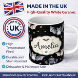 Personalized Custom Name Cute Halloween Bats Flying Yellow Stars Night Sky Seamless Pattern 11oz Ceramic Coffee Tea Mug White Large Handle