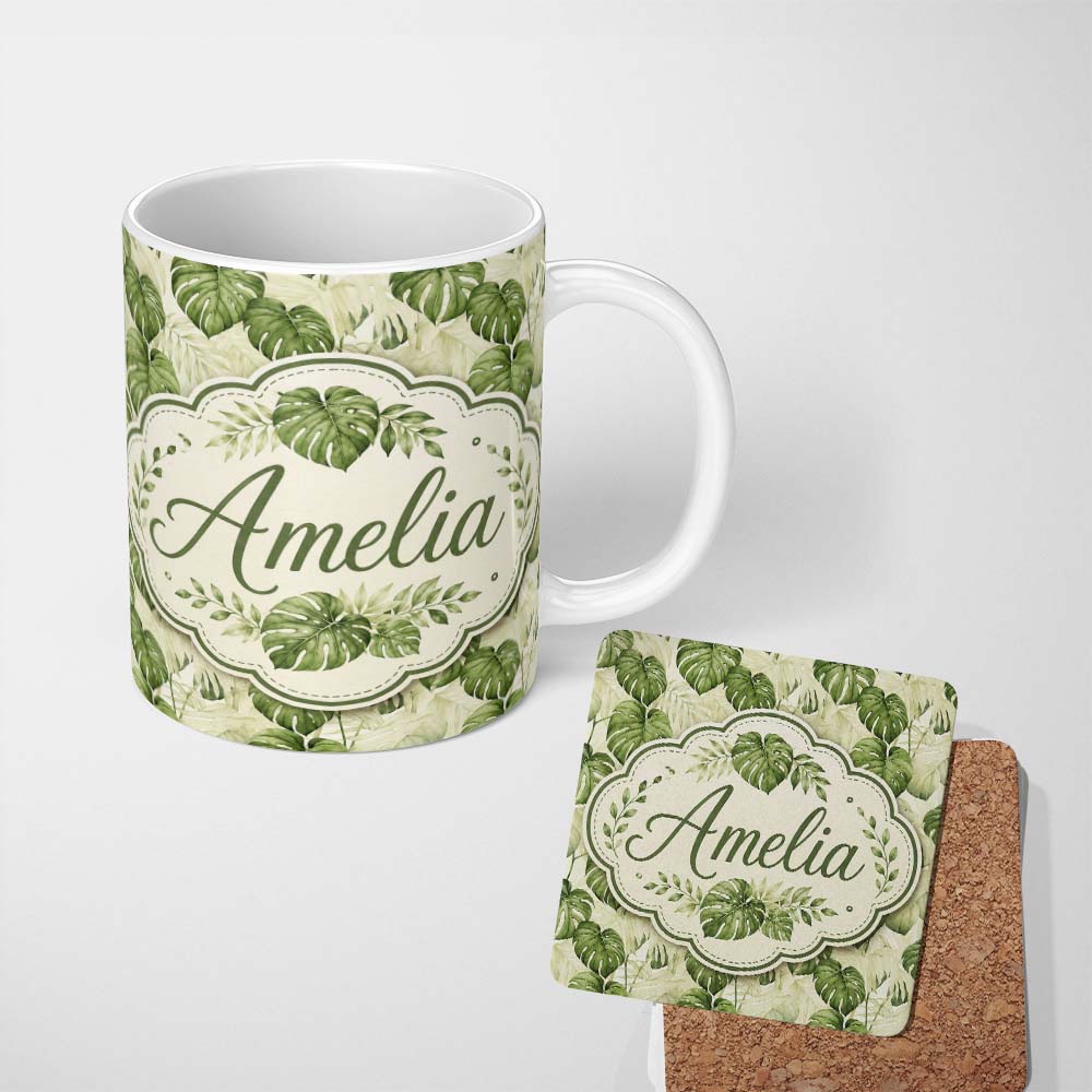 Personalized Custom Name Tropical Monstera Leaves in Soft Green Tones Seamless Pattern Lovely 11oz Ceramic Coffee Tea Mug White Large Handle