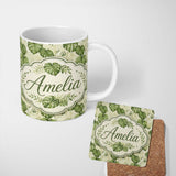 Personalized Custom Name Tropical Monstera Leaves in Soft Green Tones Seamless Pattern Lovely 11oz Ceramic Coffee Tea Mug White Large Handle