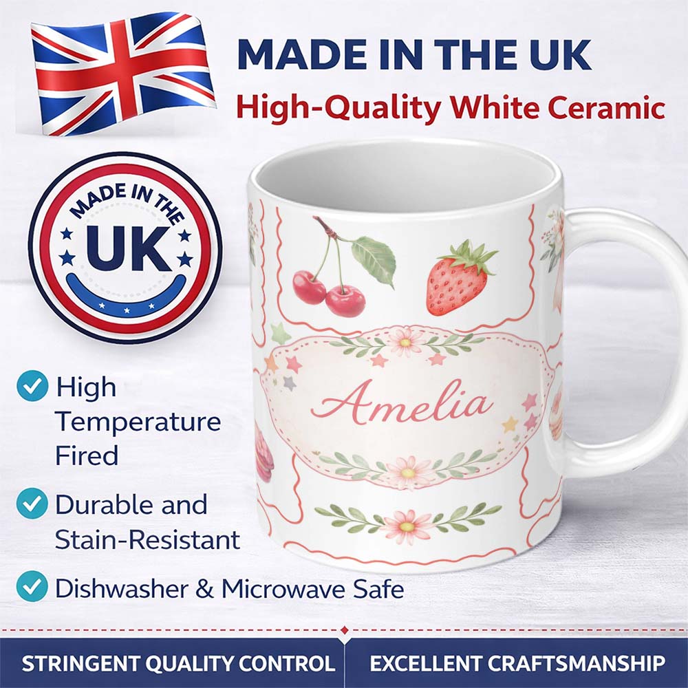 Personalized Custom Name Strawberry Cherry Bow Seamless Pattern Coral Frame Cute Coquette 11oz Ceramic Coffee Tea Mug White Large Handle