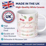 Personalized Custom Name Strawberry Cherry Bow Seamless Pattern Coral Frame Cute Coquette 11oz Ceramic Coffee Tea Mug White Large Handle