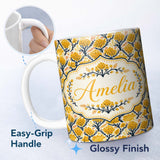 Personalized Custom Name Bold Mustard Yellow Floral Tree Pattern with Dark Branches Modern 11oz Ceramic Coffee Tea Mug White Large Handle