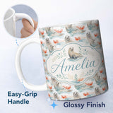 Personalized Custom Name Watercolour Seal Pair with Soft Coral Splash Background Seamless 11oz Ceramic Coffee Tea Mug White Large Handle