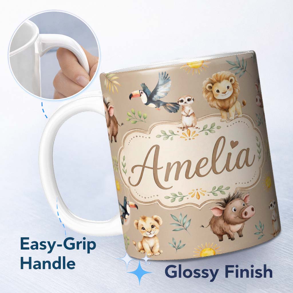 Personalized Custom Name Jungle Animals Lion Meerkat Toucan Boar on Warm Beige Seamless 11oz Ceramic Coffee Tea Mug White Large Handle