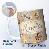 Personalized Custom Name Jungle Animals Lion Meerkat Toucan Boar on Warm Beige Seamless 11oz Ceramic Coffee Tea Mug White Large Handle