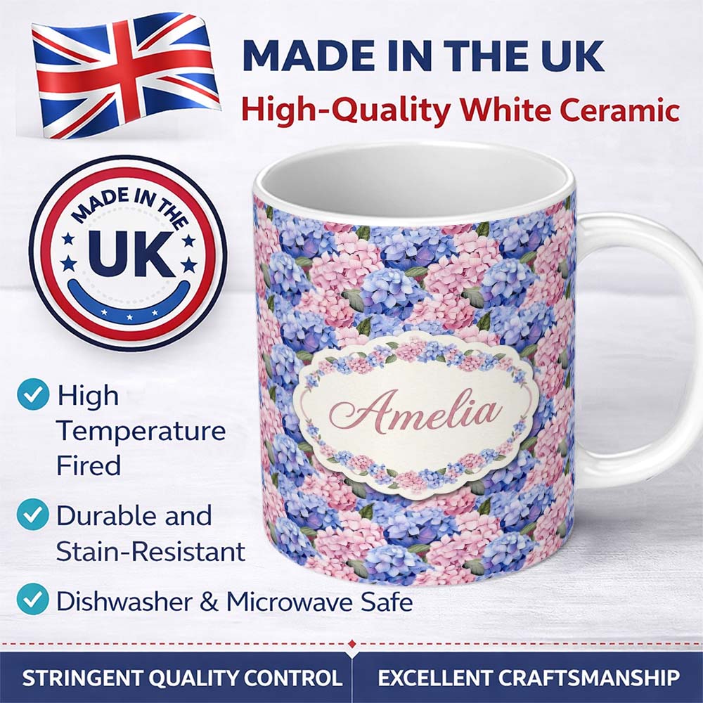 Personalized Custom Name Bold Pink and Blue Hydrangea Blossom Seamless Pattern Lovely 11oz Ceramic Coffee Tea Mug White Large Handle