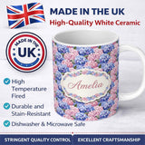 Personalized Custom Name Bold Pink and Blue Hydrangea Blossom Seamless Pattern Lovely 11oz Ceramic Coffee Tea Mug White Large Handle