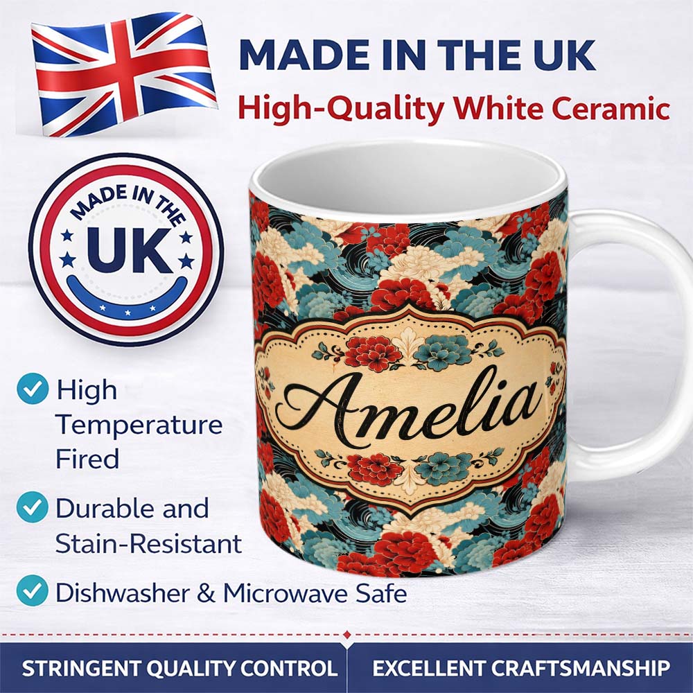 Personalized Custom Name Japanese Style Floral Waves with Red Blue and Cream Blossoms Lovely 11oz Ceramic Coffee Tea Mug White Large Handle