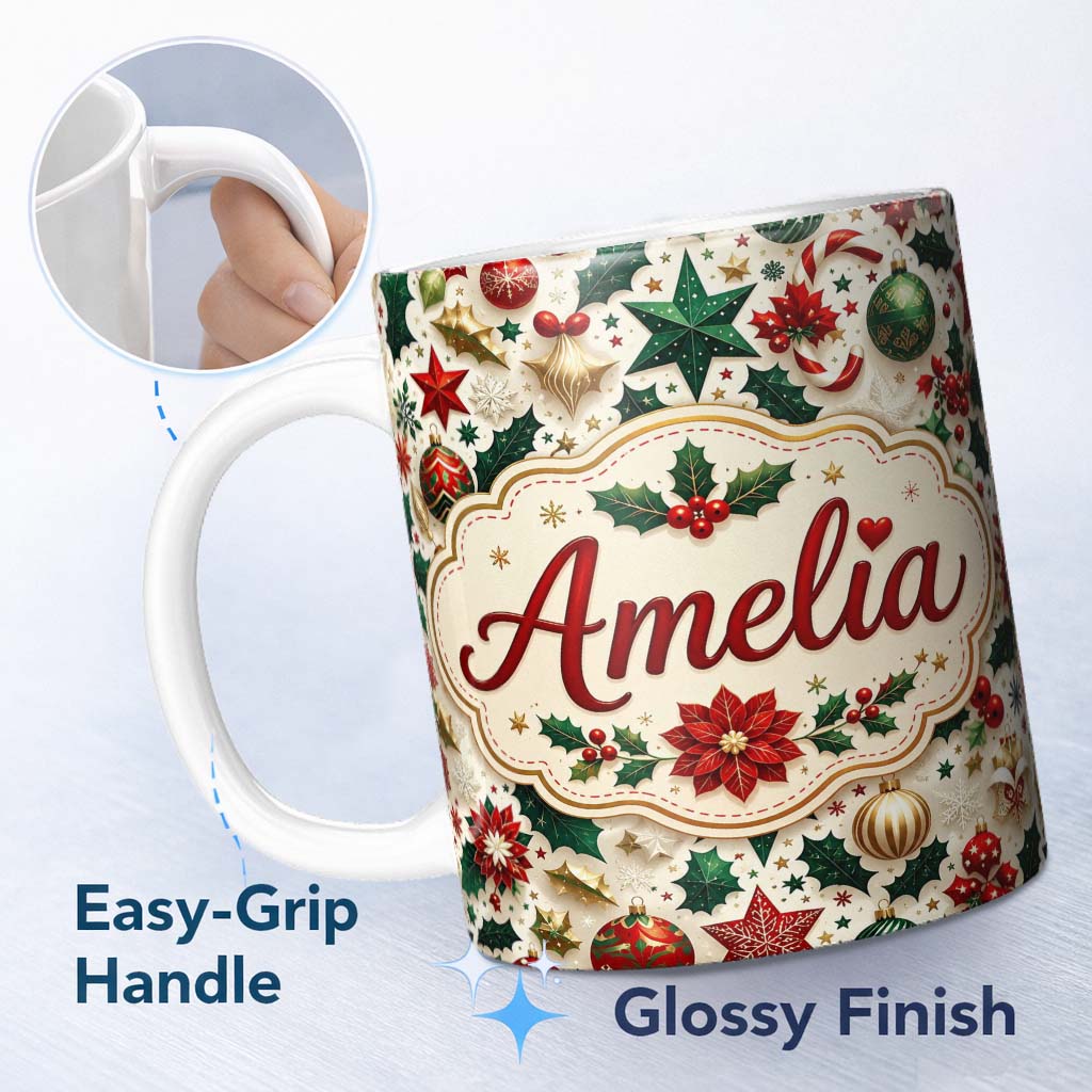 Personalized Custom Name Festive Christmas Stars Ornaments Holly Leaves Seamless Pattern 11oz Ceramic Coffee Tea Mug White Large Handle