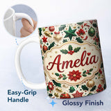 Personalized Custom Name Festive Christmas Stars Ornaments Holly Leaves Seamless Pattern 11oz Ceramic Coffee Tea Mug White Large Handle