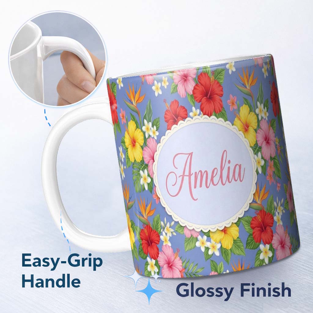 Personalized Custom Name Tropical Hibiscus Bird of Paradise Seamless Pattern Purple Lovely 11oz Ceramic Coffee Tea Mug White Large Handle