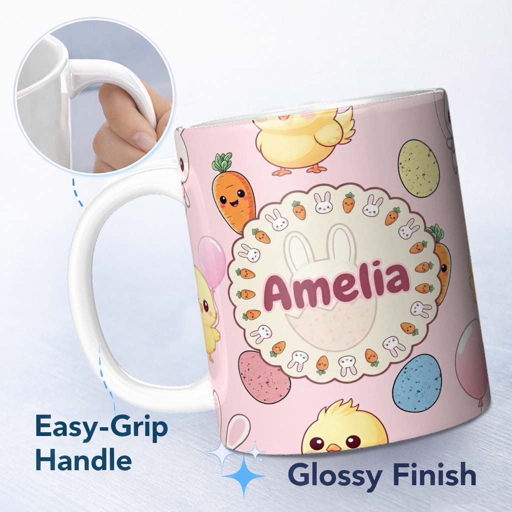 Personalized Custom Name Cute Easter Bunny Chick Eggs Carrot Cute Seamless Pattern Blush 11oz Ceramic Coffee Tea Mug White Large Handle